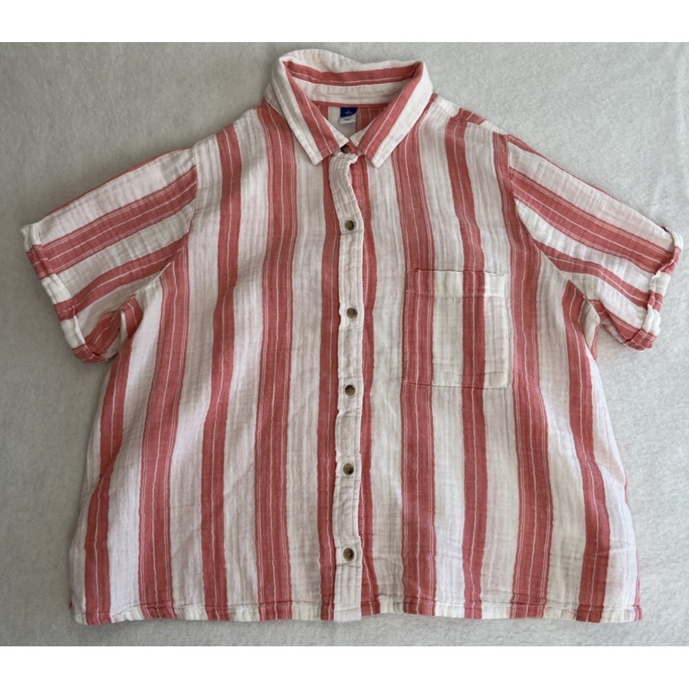 Old Navy Blouse Large Tall Pink Stripe Button Front Short Sleeve